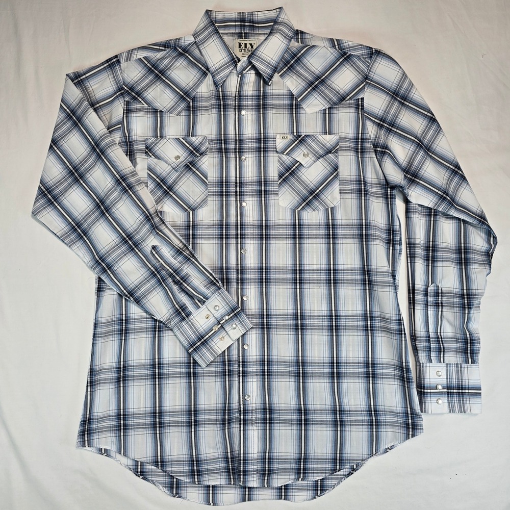 Ely Cattleman Mens Blue White Plaid Western Pearl Snap Shirt Tall LT 15202907TL